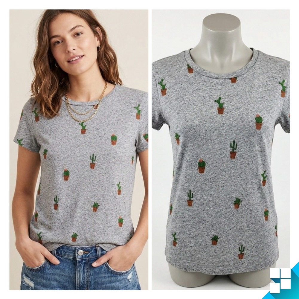 J. Crew Indie Cactus Floral Western Crewneck Short-Sleeve T-Shirt Gray Size S